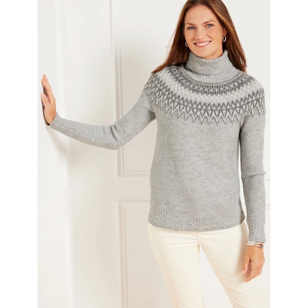 Talbots Womens Size XS Metallic Turtleneck Sweater in Whimsical Fair Isle Gray